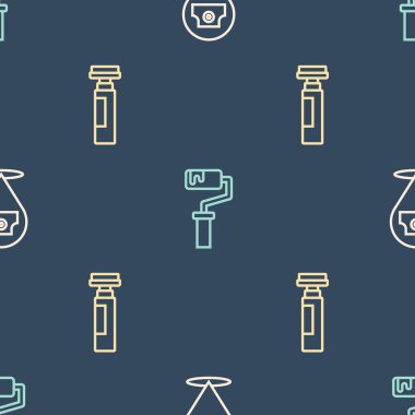 Set line Paint spray can, Marker pen and roller brush on seamless pattern. Vector.