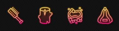 Set line Bar of soap Sauna brush Wooden log and hat. Glowing neon icon. Vector.