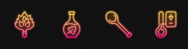 Set line Sauna ladle broom Essential oil bottle and thermometer. Glowing neon icon. Vector.