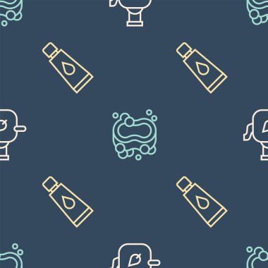 Set line Teapot with leaf Cream or lotion cosmetic tube and Bar of soap on seamless pattern. Vector.