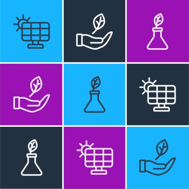 Set line Solar energy panel Plant breeding and Leaf hand icon. Vector.