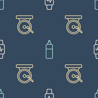Set line Smart watch with heart Boxing gong and Punching bag on seamless pattern. Vector.