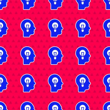 Blue Human with lamp bulb icon isolated seamless pattern on red background. Concept of idea. Vector.