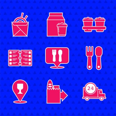 Set Cafe and restaurant location Online ordering delivery Fast by car Fork spoon Alcohol beer bar Restaurant cafe menu Coffee cup to go and Asian noodles chopsticks icon. Vector.