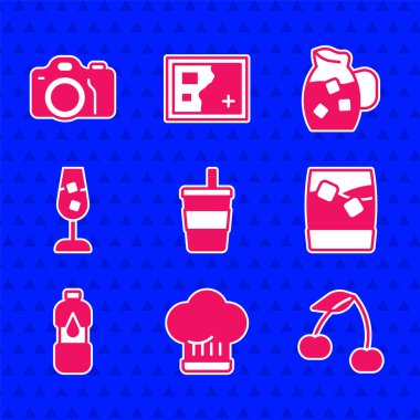 Set Paper glass with water Chef hat Cherry Glass of whiskey ice Bottle Wine Jug and Photo camera icon. Vector.