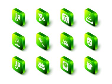 Set Oak leaf Bathroom scales Aroma candle Facial cosmetic mask Wooden log Campfire Sauna thermometer and Bar of soap icon. Vector.