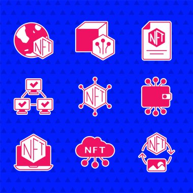 Set NFT blockchain technology cloud Digital crypto art Cryptocurrency wallet Laptop with store app contract and icon. Vector.