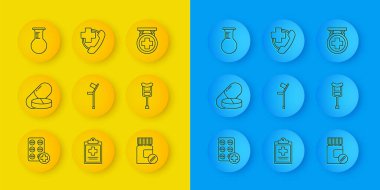 Set line Pills in blister pack Medicine pill or tablet Crutch crutches bottle and pills Test tube flask Hospital signboard and Emergency phone call to hospital icon. Vector.