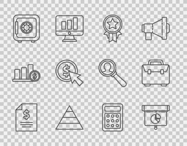 Set line Contract money Graph chart diagram infographic Medal with star Pyramid infographics Safe Cursor and coin Calculator and Briefcase icon. Vector.
