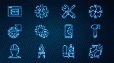 Set line Wrench and arrows as workflow Hammer Screwdriver wrench spanner Gear process House plan Setting on smartphone and gear icon. Vector.