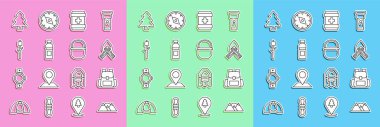 Set line Mountains Hiking backpack Campfire First aid kit Bottle of water Marshmallow on stick Forest and Camping pot icon. Vector.