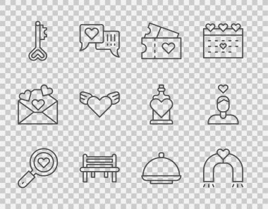 Set line Search heart and love Love magnet ticket Romantic bench Key in shape Heart with wings Covered tray and Couple icon. Vector.