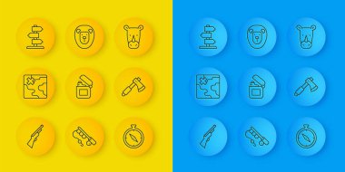 Set line Hunting gun Africa safari map Lighter Compass Wooden axe Road traffic sign Rhinoceros and Wild lion icon. Vector.