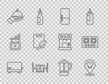 Set line Toaster Chef hat with location Refrigerator Wooden table chair Covered tray Cutting board and knife Teapot and Gas stove icon. Vector.