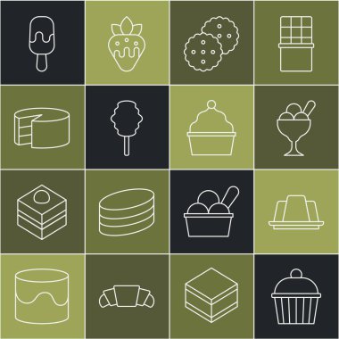 Set line Cake Jelly cake Ice cream in bowl Cookie or biscuit Cotton candy and icon. Vector.