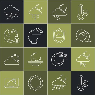 Set line Meteorology thermometer Storm Location cloud Cloud with rain and moon Man having headache Water drop percentage snow and Weather forecast icon. Vector.