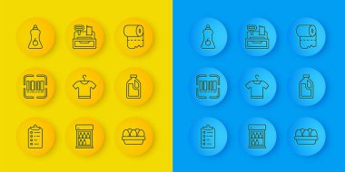 Set line Shopping list Scanner scanning bar code T-shirt Chicken egg box Bottle for cleaning agent Sauce bottle Toilet paper roll and Cash register machine icon. Vector.