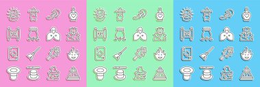 Set line Masons Fire flame Vampire Psilocybin mushroom Witch cauldron Magic scroll ball and Mantle cloak cape icon. Vector.