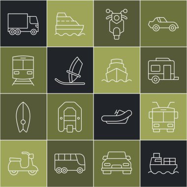 Set line Cargo ship with boxes delivery Trolleybus Rv Camping trailer Scooter Windsurfing Train and railway Delivery cargo truck and Cruise icon. Vector.