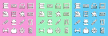 Set line Portable video game console Big full length mirror Stacks paper money cash Armchair Wardrobe Old gramophone Papyrus scroll and Classic teapot icon. Vector.