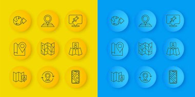 Set line Folded map with location marker City navigation Location the globe Push pin and icon. Vector.