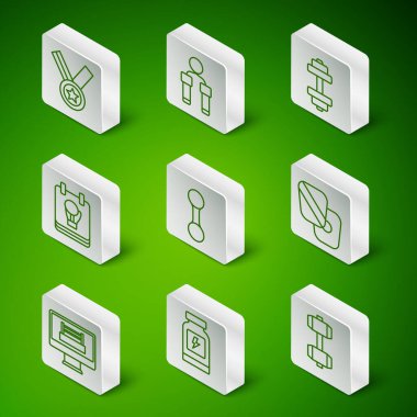 Set line Dumbbell Energy drink Medal Boxing glove Jump rope ring and training paws icon. Vector.