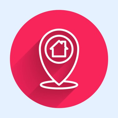 White line Map pointer with house icon isolated with long shadow. Home location marker symbol. Red circle button. Vector.