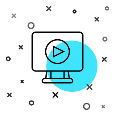 Siyah çizgi çevrimiçi video simgesi beyaz arkaplanda izole edildi. Oyun işaretli film şeridi. Rastgele dinamik şekiller. Vektör.