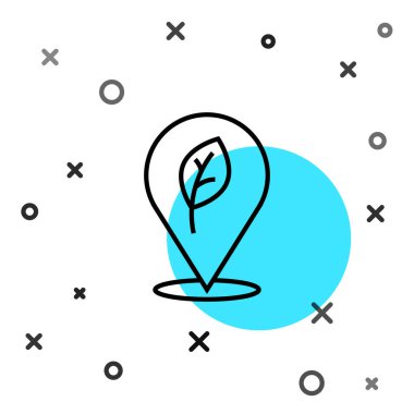 Beyaz arkaplanda yaprak simgesi olan siyah çizgi konumu. Çevre enerjisi kavramı. Alternatif enerji kavramı. Rastgele dinamik şekiller. Vektör.