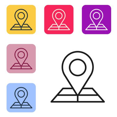 Siyah çizgi haritası beyaz arkaplanda izole edilmiş konum simgesi simgesi ile birlikte. Renkli kare düğmelerle simgeleri ayarla. Vektör.