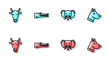 Set line Elephant, Cow head, Crocodile and Dog icon. Vector.