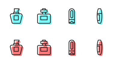 Set line Bottle of shampoo, Cream or lotion cosmetic tube, Perfume and Mascara brush icon. Vector.