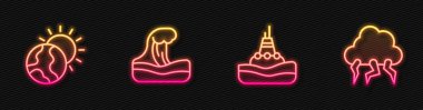 Set line Floating buoy on the sea, Global warming, Tsunami and Storm. Glowing neon icon. Vector.