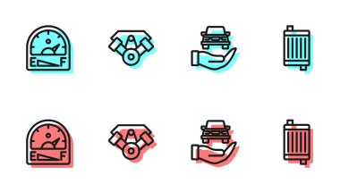 Set line Auto service check automotive Motor gas gauge Power car engine and Car radiator cooling system icon. Vector.