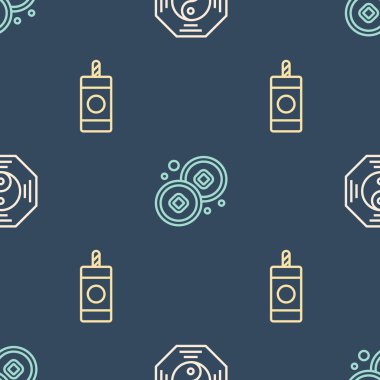 Set line Yin Yang symbol Firework and Chinese Yuan currency on seamless pattern. Vector.