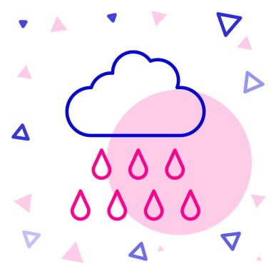 Beyaz arka planda izole edilmiş yağmur ikonlu çizgi bulutu. Yağmur damlaları ile yağmur bulutu yağışı. Renkli taslak konsepti. Vektör.