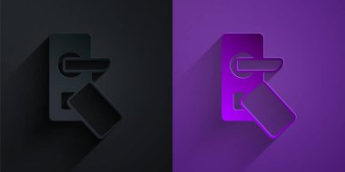 Paper cut Digital door lock with wireless technology for unlock icon isolated on black on purple background. Door handle sign. Security smart home. Paper art style. Vector.