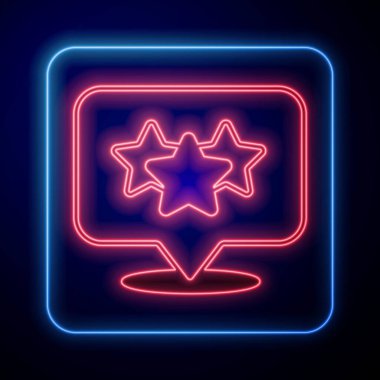 Parlayan neon 5 yıldızlı müşteri değerlendirme simgesi siyah arkaplanda izole edildi. Favori, en iyi derecelendirme, ödül sembolü. Vektör.