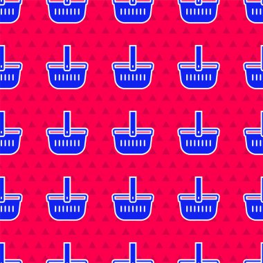 Blue Picnic basket icon isolated seamless pattern on red background. Vector.