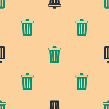 Yeşil ve siyah çöp kutusu simgesi bej arka planda izole edilmiş kusursuz desen. Çöp kutusu tabelası. Sepet simgesini geri dönüştür. Ofis çöpü ikonu. Vektör.