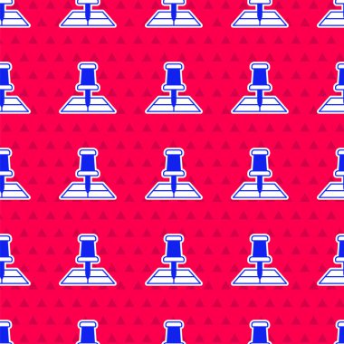 Konum simgesi simgesine sahip mavi katlı harita kırmızı arkaplanda izole edilmiş kusursuz desen. Vektör.