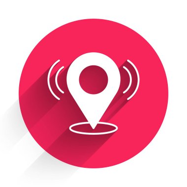 White Map pin icon isolated with long shadow background. Navigation, pointer, location, map, gps, direction, search concept. Red circle button. Vector.