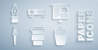 Set Coffee cup to go Chalkboard with diagram Push pin Full trash can Movie film media projector and Fountain pen nib icon. Vector.
