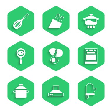Set Broken egg Kitchen extractor fan Oven glove Cooking pot Fried eggs on frying pan and whisk icon. Vector.