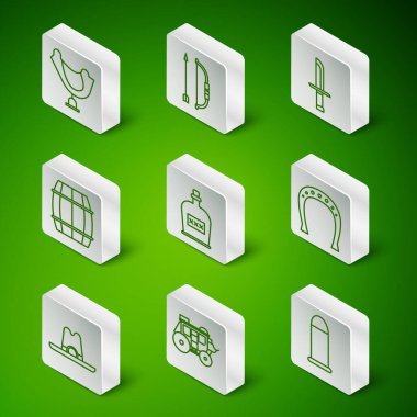 Set line Bullet Western stagecoach Wild west saddle Alcohol drink Rum bottle Wooden barrel Bow and arrow quiver cowboy hat and Horseshoe icon. Vector.