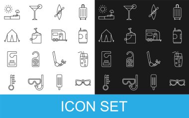 Set line Glasses Cocktail and alcohol drink Soda can Kayak or canoe paddle Sand bucket with shovel Tourist tent Beach umbrella chair and Rv Camping trailer icon. Vector.