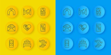 Set line Mobile with heart Greeting card Healed broken Candy Love magnet Dating app online and first sight icon. Vector.
