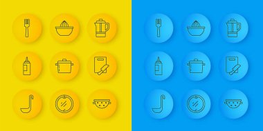 Set line Kitchen ladle Sauce bottle Cooking pot colander Cutting board knife Fork Teapot and Citrus fruit juicer icon. Vector.