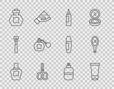 Set line Perfume Cream or lotion cosmetic tube Scissors and Hand mirror icon. Vector.