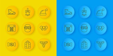 Set line Candy Calendar Ski goggles Branch viburnum Bow tie Figure skates Christmas Santa Claus hat and Merry ringing bell icon. Vector.